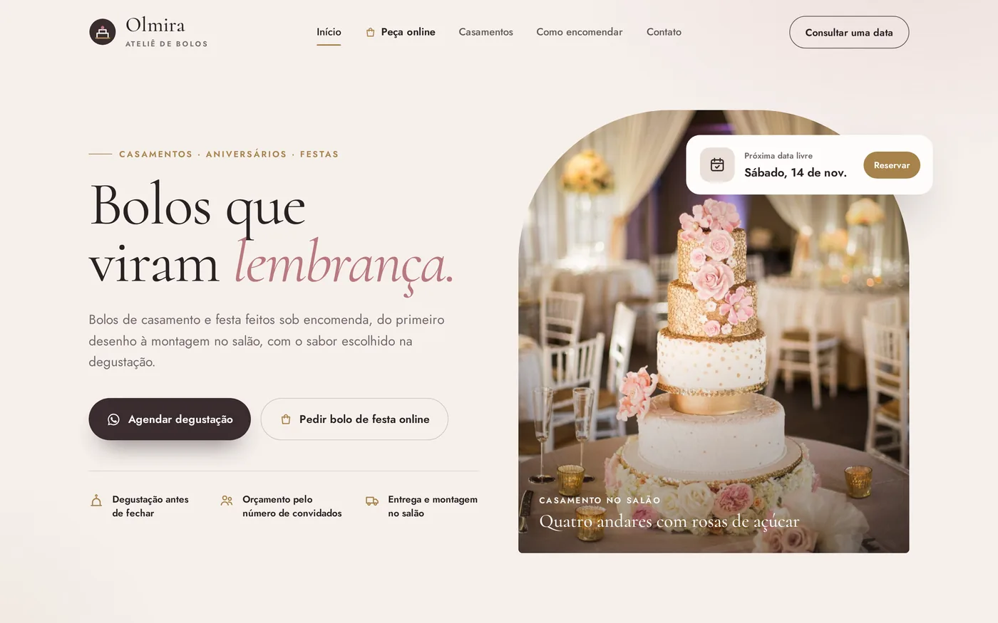 Exemplo de site desenhado aqui para um ateliê de bolos fictício: manchete grande, botão para agendar a degustação pelo WhatsApp, botão para pedir bolo de festa online, foto de um bolo de casamento de quatro andares num salão e um cartão com a próxima data livre.