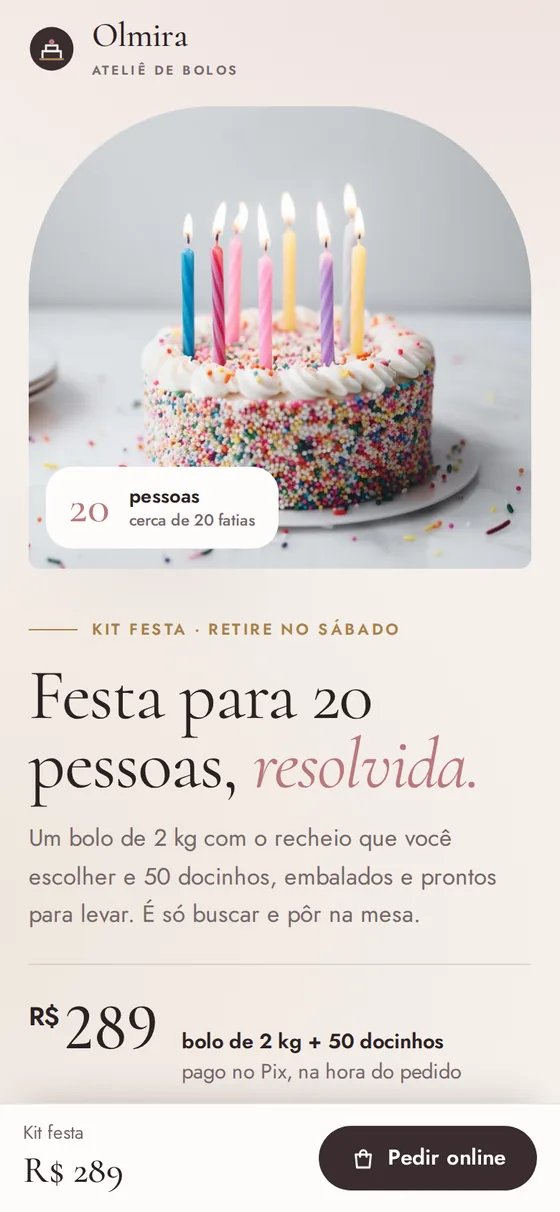 A landing page do kit festa aberta num celular: a foto do bolo vem primeiro, a manchete ocupa a largura da tela, e uma barra presa ao pé da tela mostra o preço do kit e o botão Pedir online.