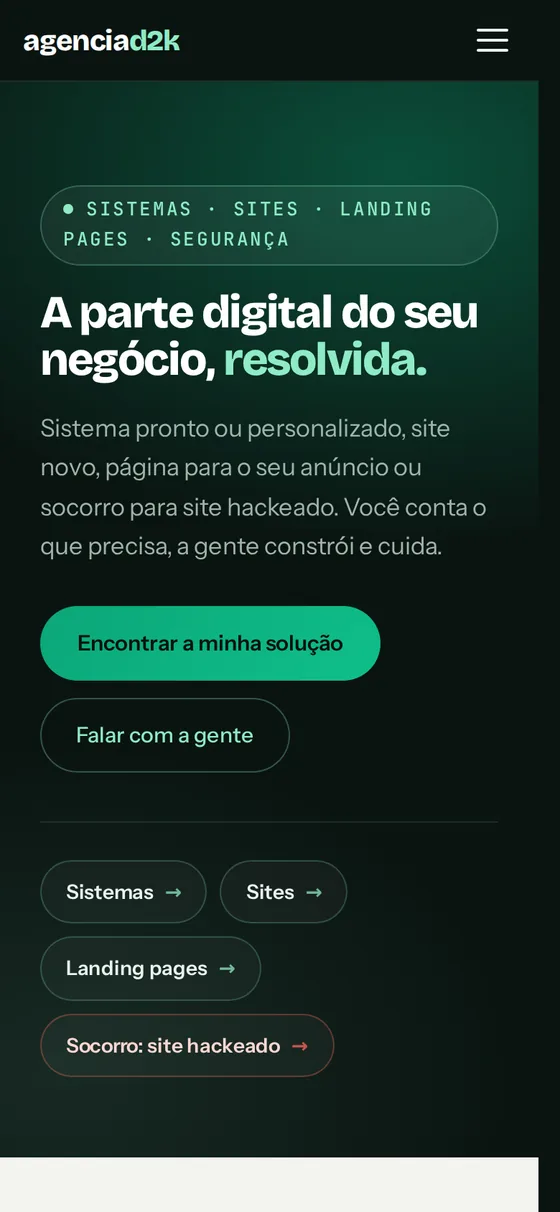 A home deste site aberta num celular: o título cabe na tela, os botões têm o tamanho do dedo e os atalhos que não cabem lado a lado passam para a linha de baixo.