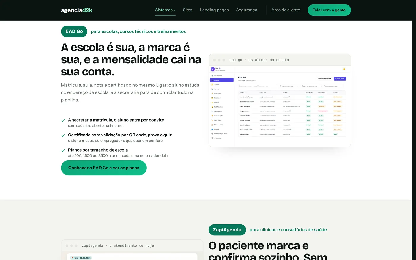 Página que apresenta um produto deste site: de um lado o nome, o resumo e três vantagens com tique verde; do outro, a foto de uma tela do sistema dentro de uma moldura de navegador.