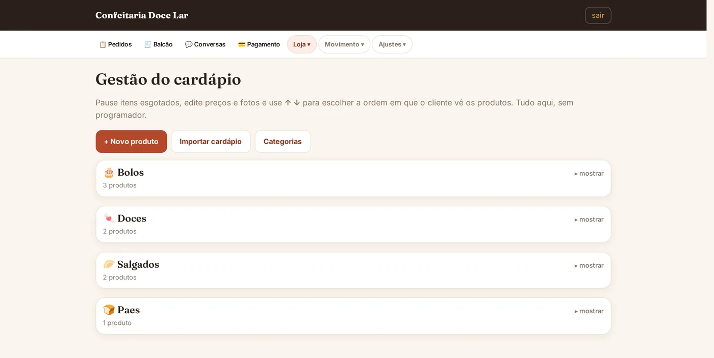 Tela de gestão do cardápio, com as categorias da loja e a contagem de produtos em cada uma.