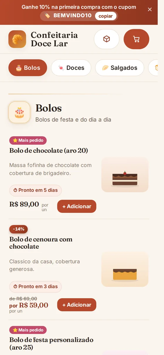 A mesma loja vista no celular, com as categorias em pílulas e os produtos empilhados.