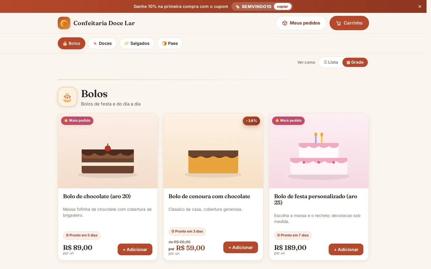 Cardápio digital de uma confeitaria, com categorias, foto de cada bolo, preço e botão de adicionar ao carrinho.