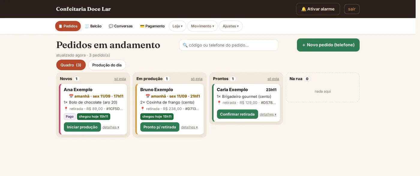 Quadro de pedidos em colunas: novos, em produção, prontos e na rua, com o nome do cliente e a hora de retirada em cada cartão.