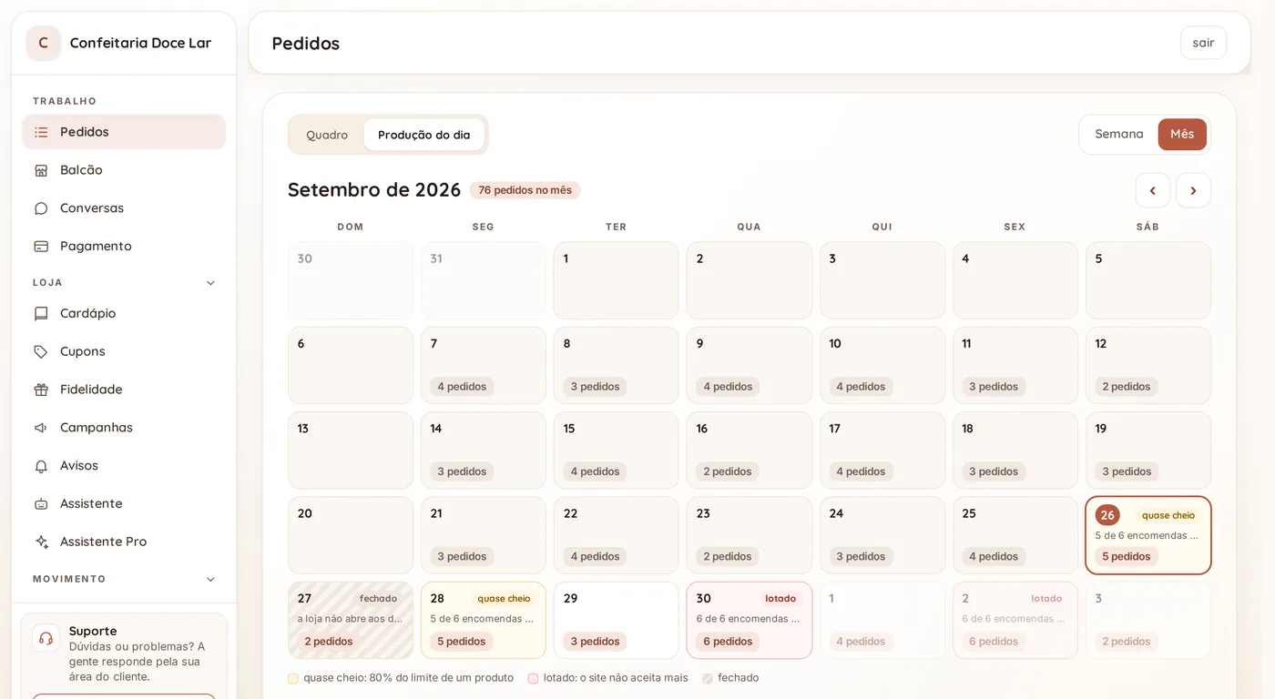 Calendário do mês com a quantidade de pedidos em cada dia, os dias quase cheios em amarelo, os lotados em vermelho e o domingo fechado.