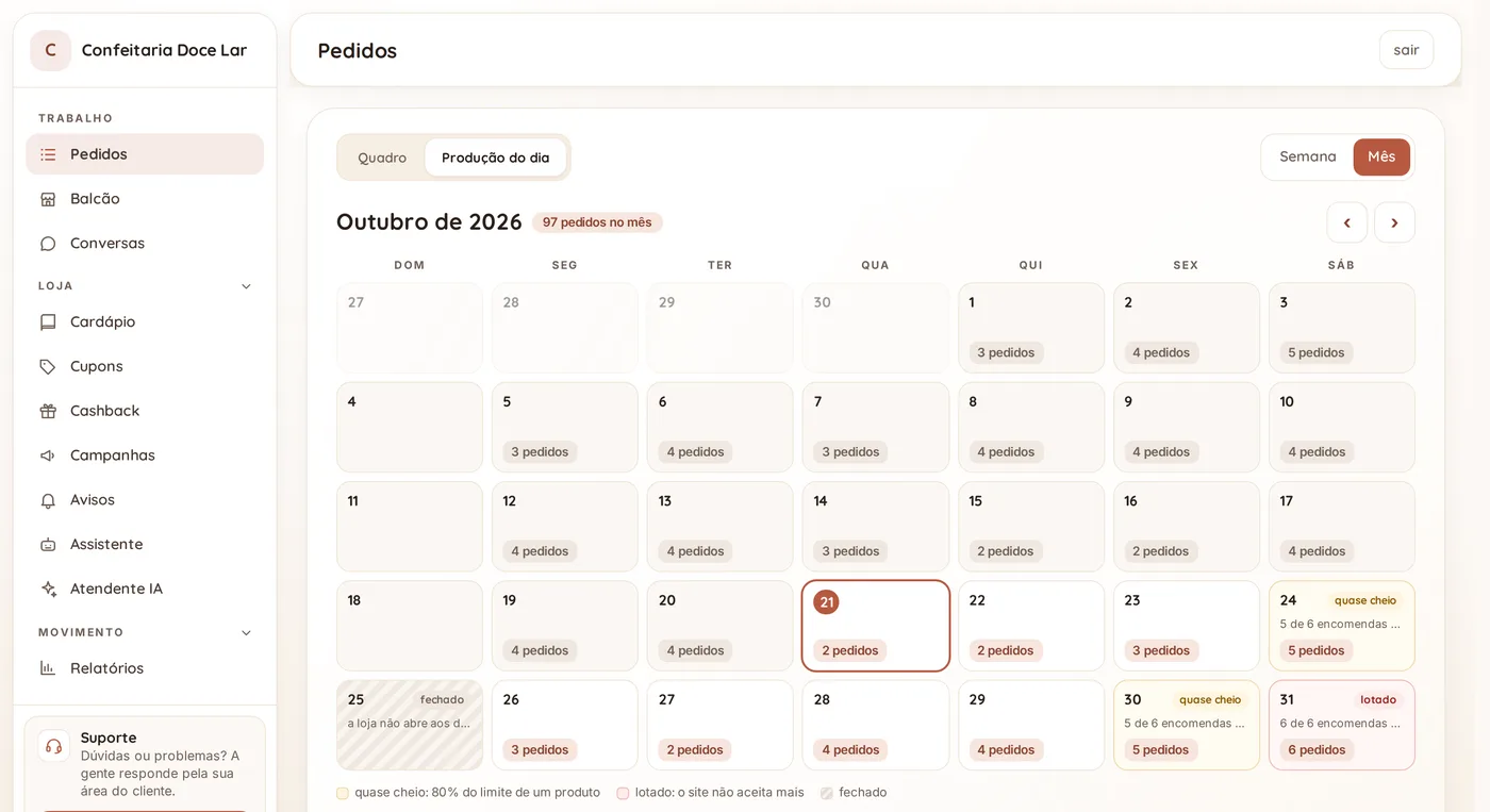 Calendário do mês com a quantidade de pedidos em cada dia, os dias quase cheios em amarelo, os lotados em vermelho e o domingo fechado.